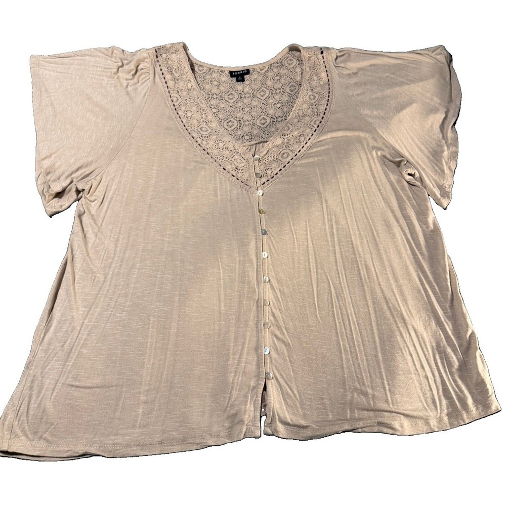 Torrid Size 2 /2x Taupe Lace Flutter Sleeve Blouse Boho Button Front Top